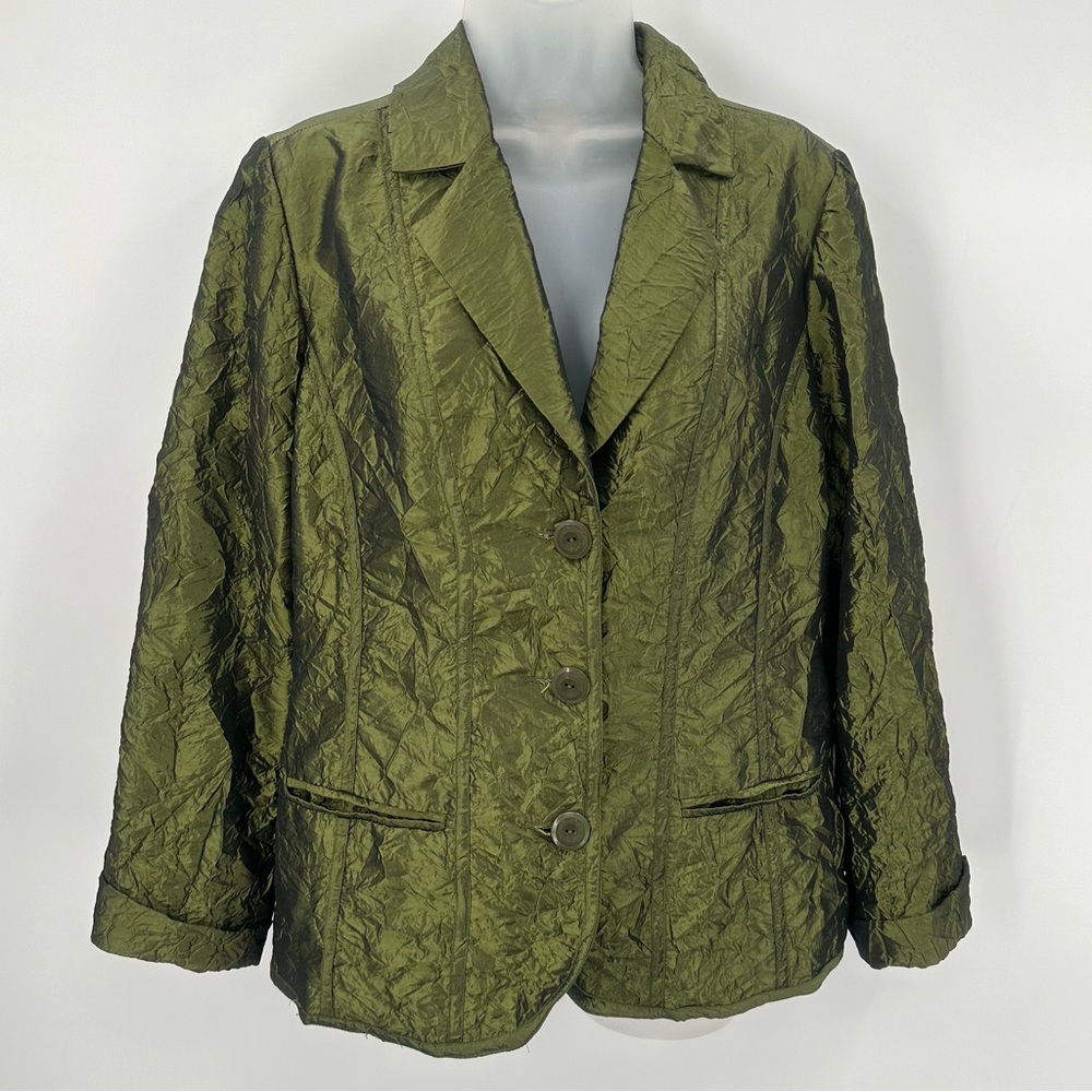 Chicos Blazer Womens M 8 Chico's Sz 1 Green Taffeta Crinkle Jacket Party Buttons